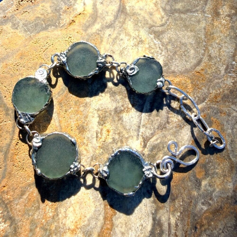 Sea Glass & Silver Blend Artisan Crafted Hammered Bracelet With Unique Findings - Picture 9 of 14